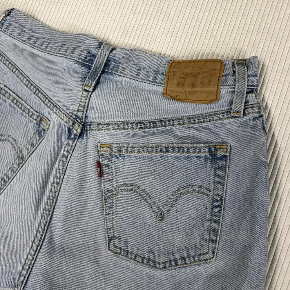 Levi's 501 Shorts Womens W27 Blue Denim Distressed Cutoff Button Fly Raw Hem